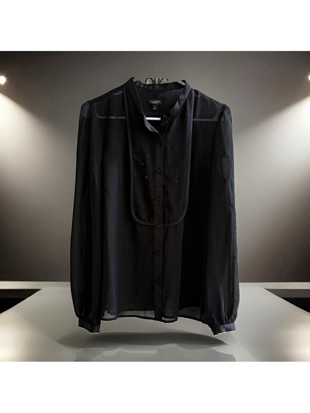 Talbots Women’s 8 Black Sheer Chiffon Collared Button Front Long Sleeve Blouse